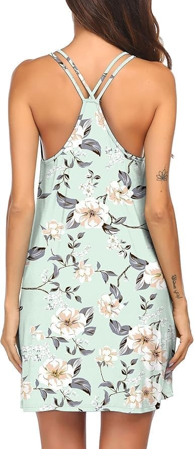image:imageEkouaer Nightgowns for Women Sleeveless Nighties Sexy V Neck Sleep Dress Chemise Sleep Shirt Racerback Night Shirt Cami Sleepwear Soft Nighty Night Dress Summer Date Night Seaside BeachLight Green Floral