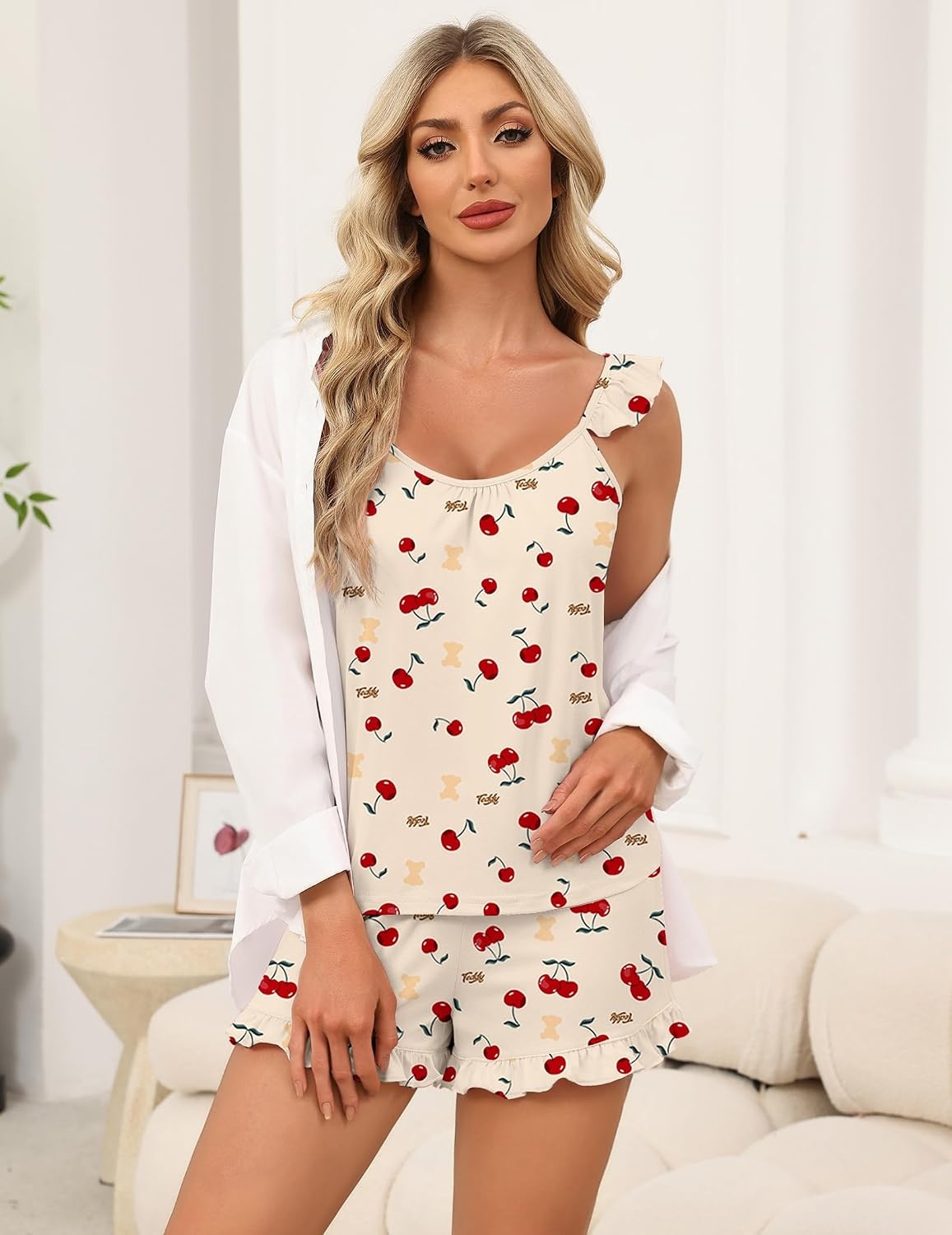 image:imageEkouaer Pajama for Women Set 2 Piece Lightweight Ruffle Pajamas Soft Sexy Sleepwear Cami and Shorts Sleep Set Bridal Bridesmaid Pj SummerFall Sleep SetsBeige Teddy Cherry