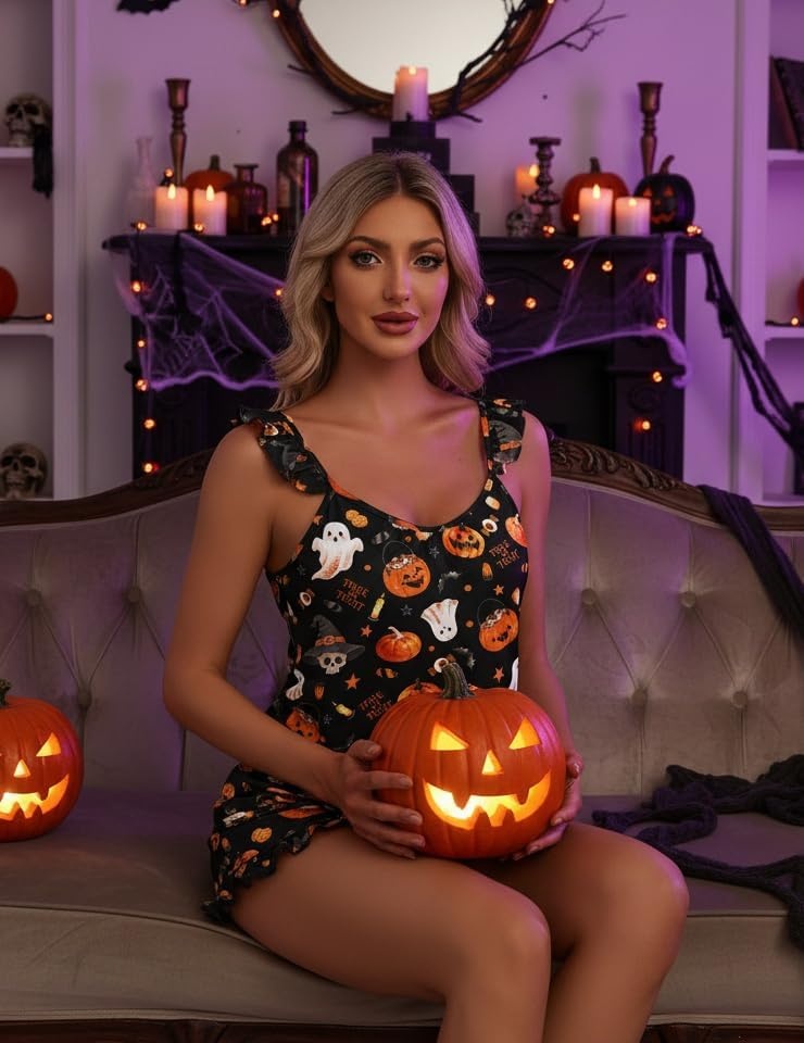 image:imageEkouaer Pajama for Women Set 2 Piece Lightweight Ruffle Pajamas Soft Sexy Sleepwear Cami and Shorts Sleep Set Bridal Bridesmaid Pj SummerFall Sleep SetsBlackhalloween