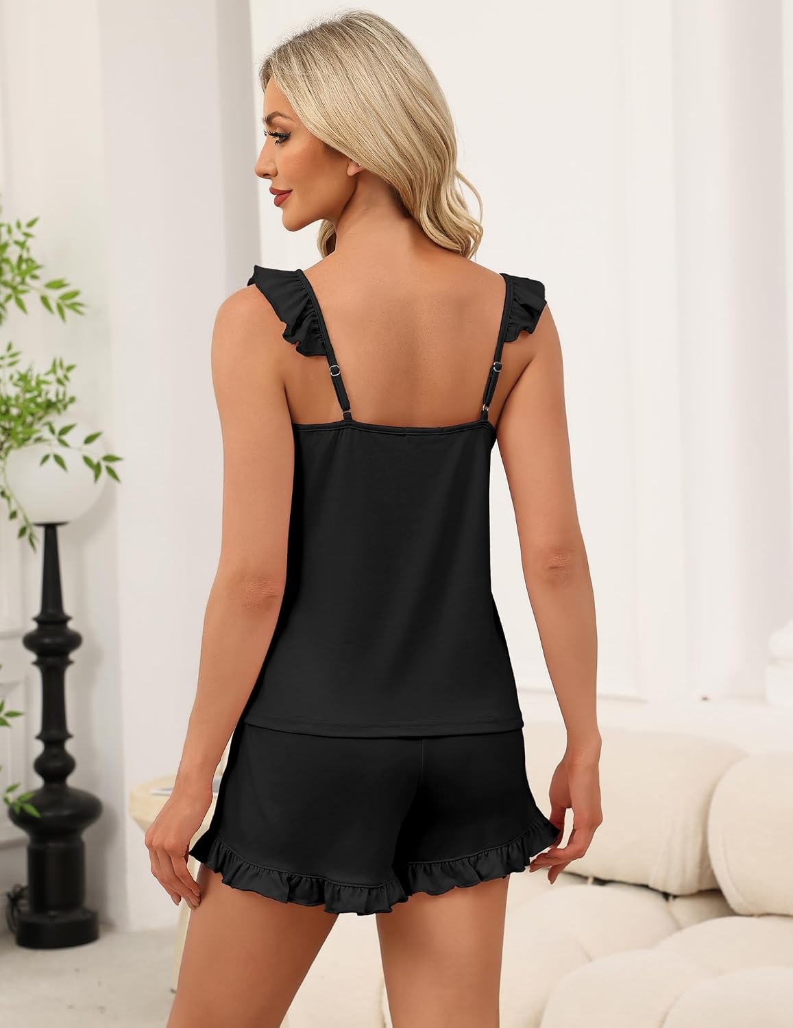 image:imageEkouaer Pajama for Women Set 2 Piece Lightweight Ruffle Pajamas Soft Sexy Sleepwear Cami and Shorts Sleep Set Bridal Bridesmaid Pj SummerFall Sleep SetsBlack