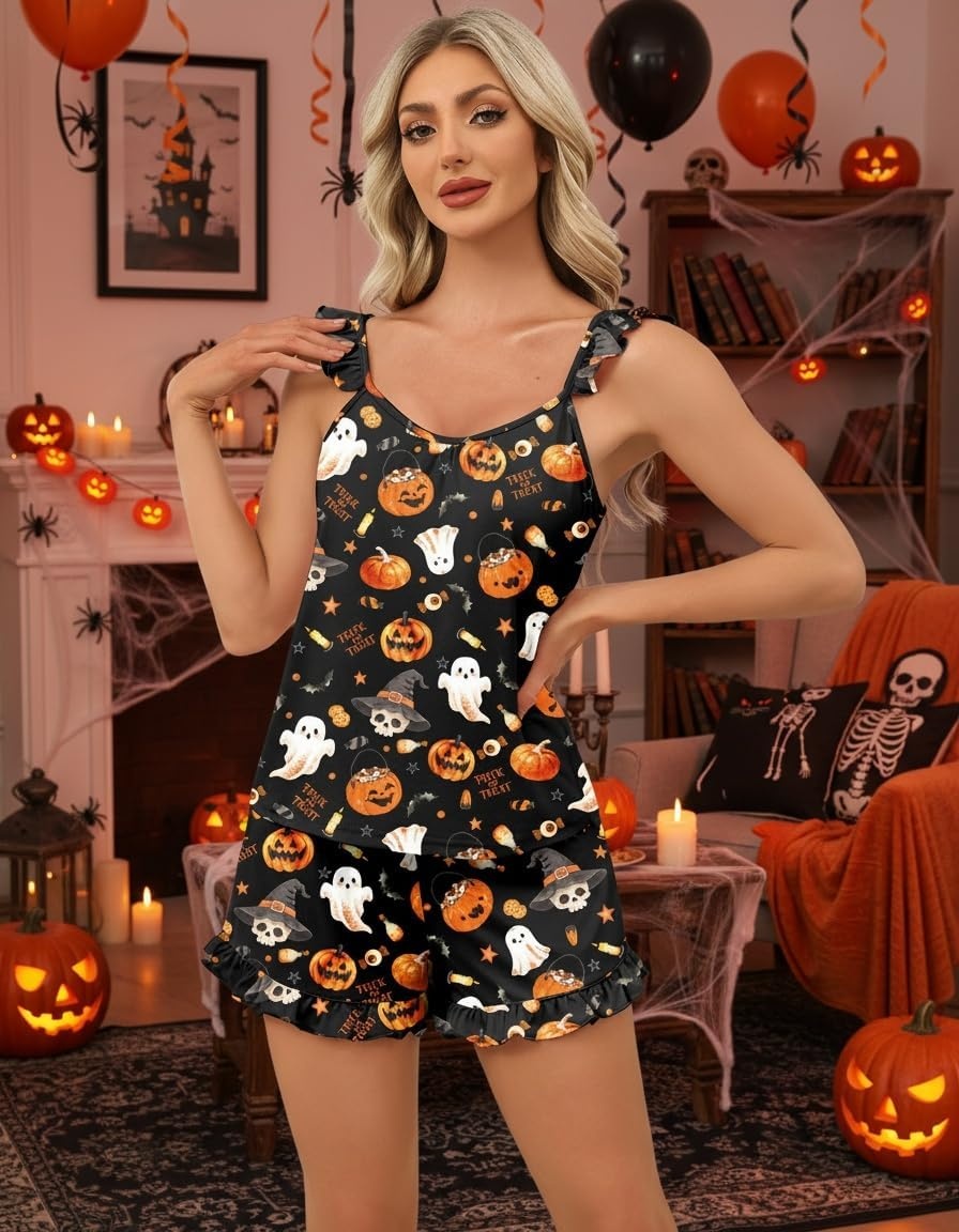 image:imageEkouaer Pajama for Women Set 2 Piece Lightweight Ruffle Pajamas Soft Sexy Sleepwear Cami and Shorts Sleep Set Bridal Bridesmaid Pj SummerFall Sleep SetsBlackhalloween
