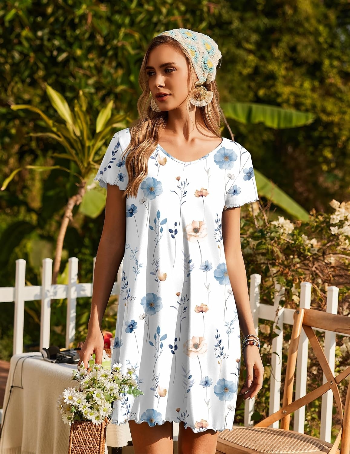 image:imageEkouaer Womens Nightgown Short Sleeve Night Gowns Soft Ruffled Sleep Shirt Nightgowns for WomenV Neck Sleep DressShort NightgownPullover Soft Night DressRuffled SleepwearSummer T Shirt DressLine Florals