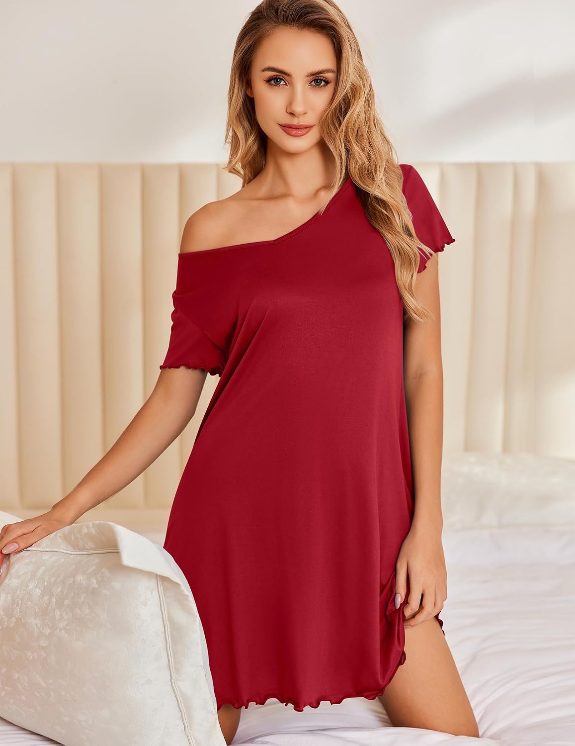 image:imageEkouaer Womens Nightgown Short Sleeve Night Gowns Soft Ruffled Sleep Shirt Nightgowns for WomenV Neck Sleep DressShort NightgownPullover Soft Night DressRuffled SleepwearSummer T Shirt DressWine Red