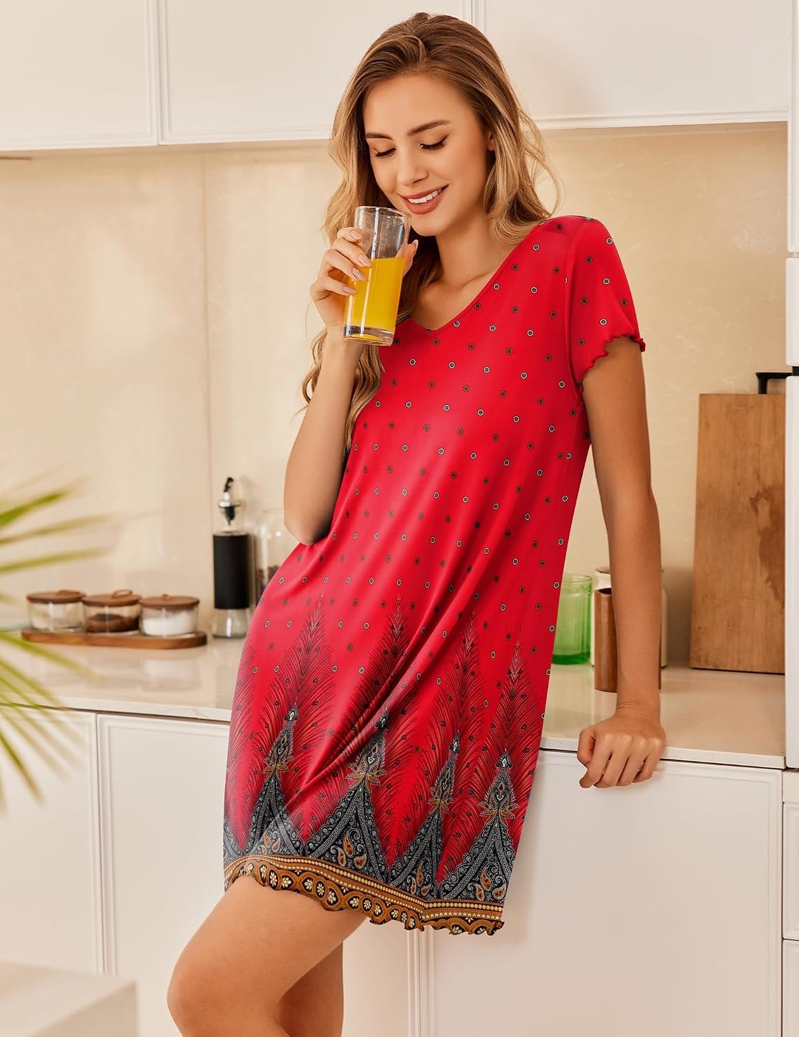 image:imageEkouaer Womens Nightgown Short Sleeve Night Gowns Soft Ruffled Sleep Shirt Nightgowns for WomenV Neck Sleep DressShort NightgownPullover Soft Night DressRuffled SleepwearSummer T Shirt DressRed Feather