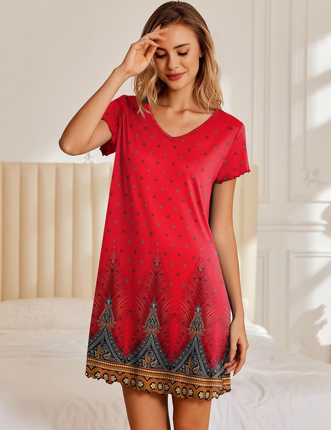 image:imageEkouaer Womens Nightgown Short Sleeve Night Gowns Soft Ruffled Sleep Shirt Nightgowns for WomenV Neck Sleep DressShort NightgownPullover Soft Night DressRuffled SleepwearSummer T Shirt DressRed Feather