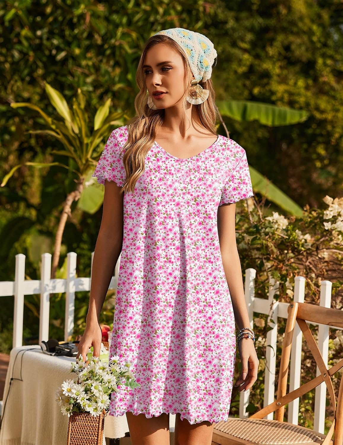 image:imageEkouaer Womens Nightgown Short Sleeve Night Gowns Soft Ruffled Sleep Shirt Nightgowns for WomenV Neck Sleep DressShort NightgownPullover Soft Night DressRuffled SleepwearSummer T Shirt DressPink Florals
