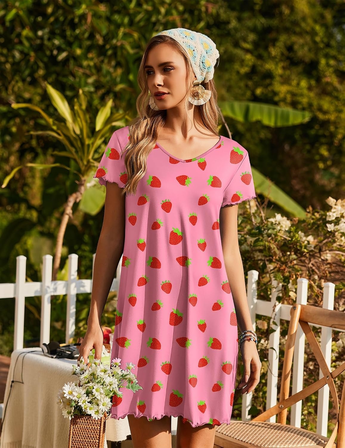 image:imageEkouaer Womens Nightgown Short Sleeve Night Gowns Soft Ruffled Sleep Shirt Nightgowns for WomenV Neck Sleep DressShort NightgownPullover Soft Night DressRuffled SleepwearSummer T Shirt DressPink Strawberry