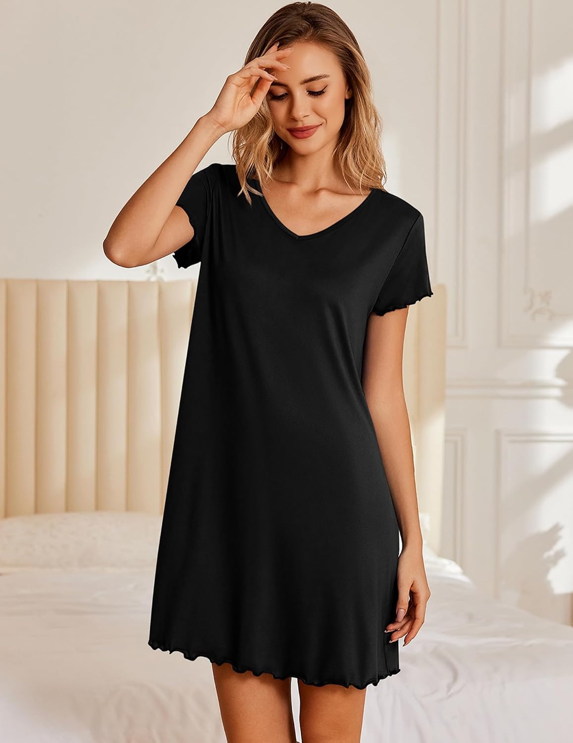 image:imageEkouaer Womens Nightgown Short Sleeve Night Gowns Soft Ruffled Sleep Shirt Nightgowns for WomenV Neck Sleep DressShort NightgownPullover Soft Night DressRuffled SleepwearSummer T Shirt DressBlack