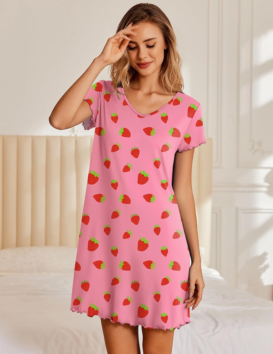 image:imageEkouaer Womens Nightgown Short Sleeve Night Gowns Soft Ruffled Sleep Shirt Nightgowns for WomenV Neck Sleep DressShort NightgownPullover Soft Night DressRuffled SleepwearSummer T Shirt DressPink Strawberry