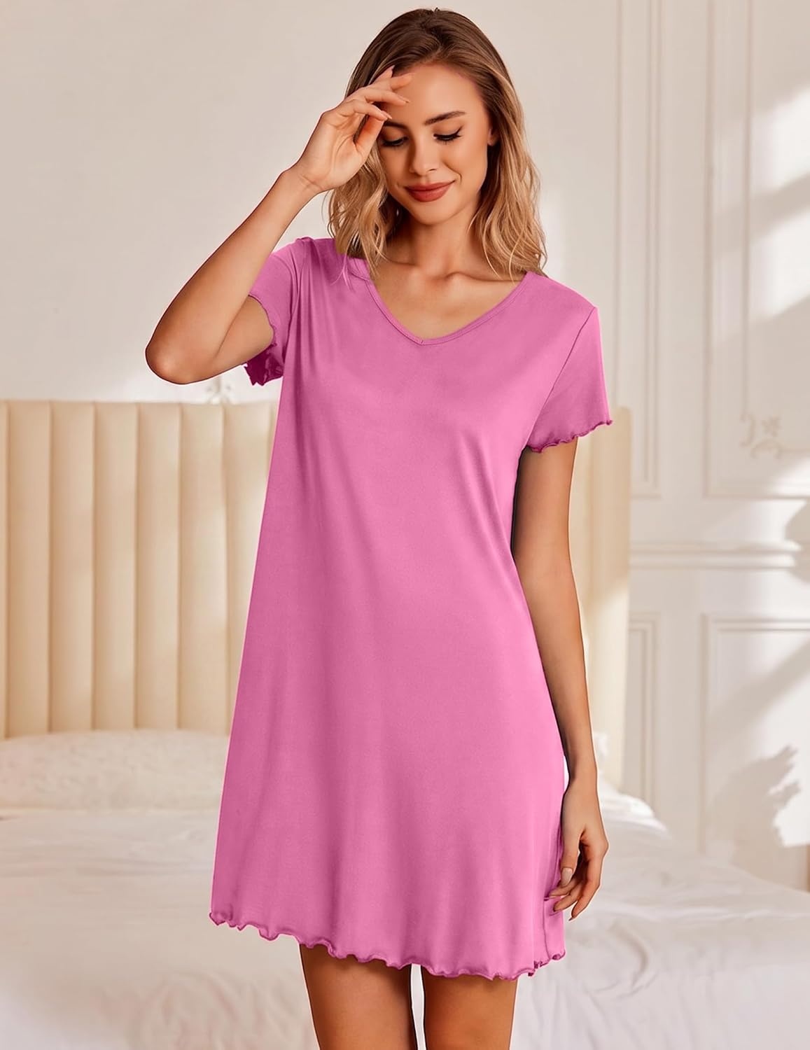 image:imageEkouaer Womens Nightgown Short Sleeve Night Gowns Soft Ruffled Sleep Shirt Nightgowns for WomenV Neck Sleep DressShort NightgownPullover Soft Night DressRuffled SleepwearSummer T Shirt DressPeach Pink