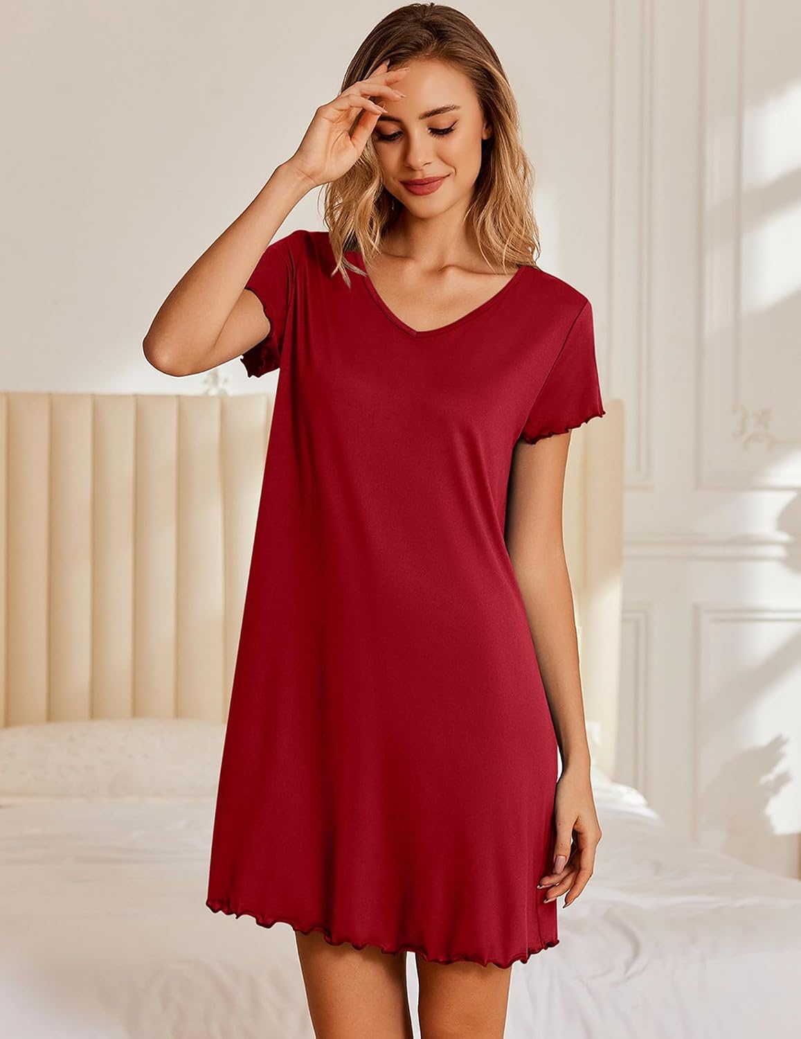 image:imageEkouaer Womens Nightgown Short Sleeve Night Gowns Soft Ruffled Sleep Shirt Nightgowns for WomenV Neck Sleep DressShort NightgownPullover Soft Night DressRuffled SleepwearSummer T Shirt DressWine Red