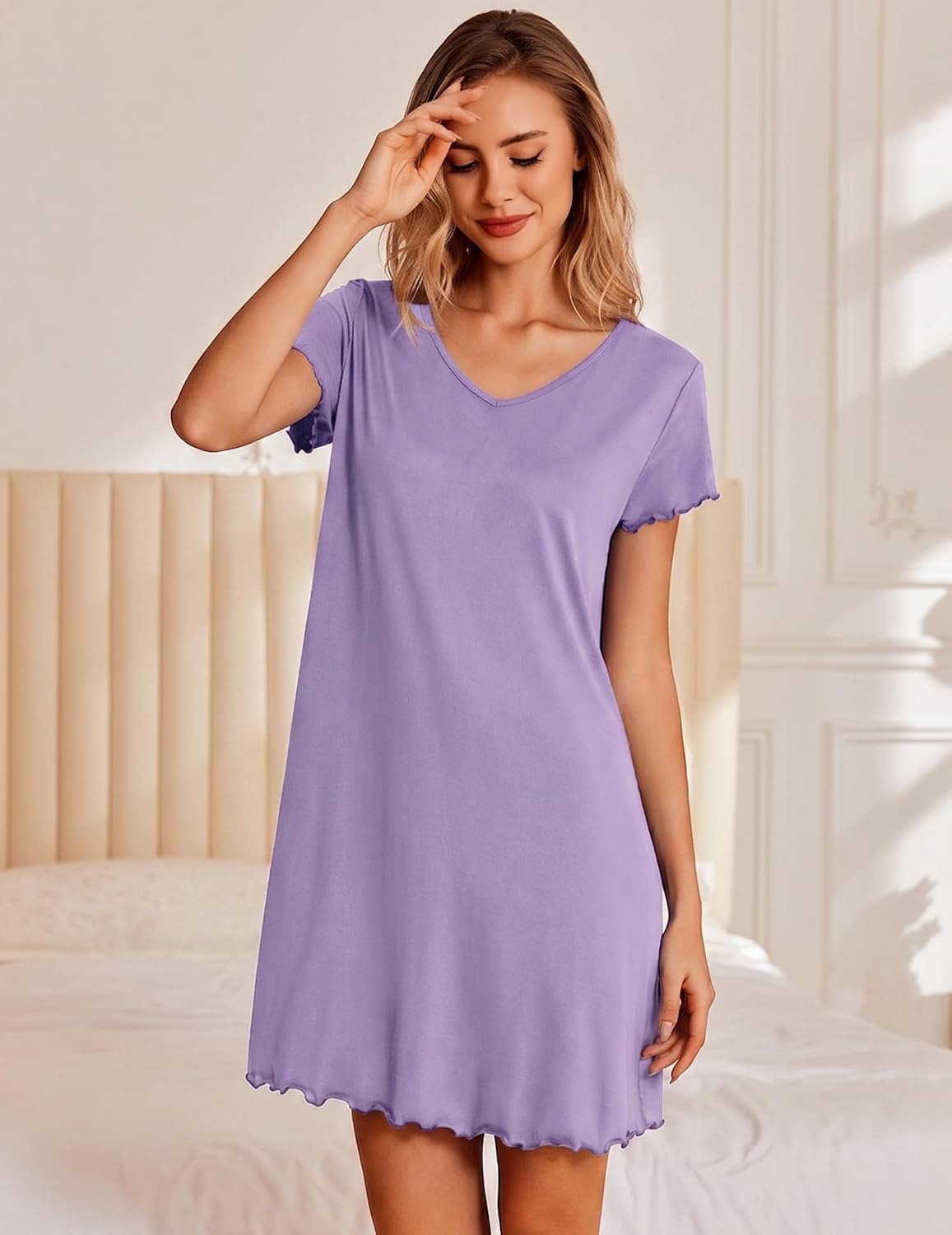 image:imageEkouaer Womens Nightgown Short Sleeve Night Gowns Soft Ruffled Sleep Shirt Nightgowns for WomenV Neck Sleep DressShort NightgownPullover Soft Night DressRuffled SleepwearSummer T Shirt DressLight Purple