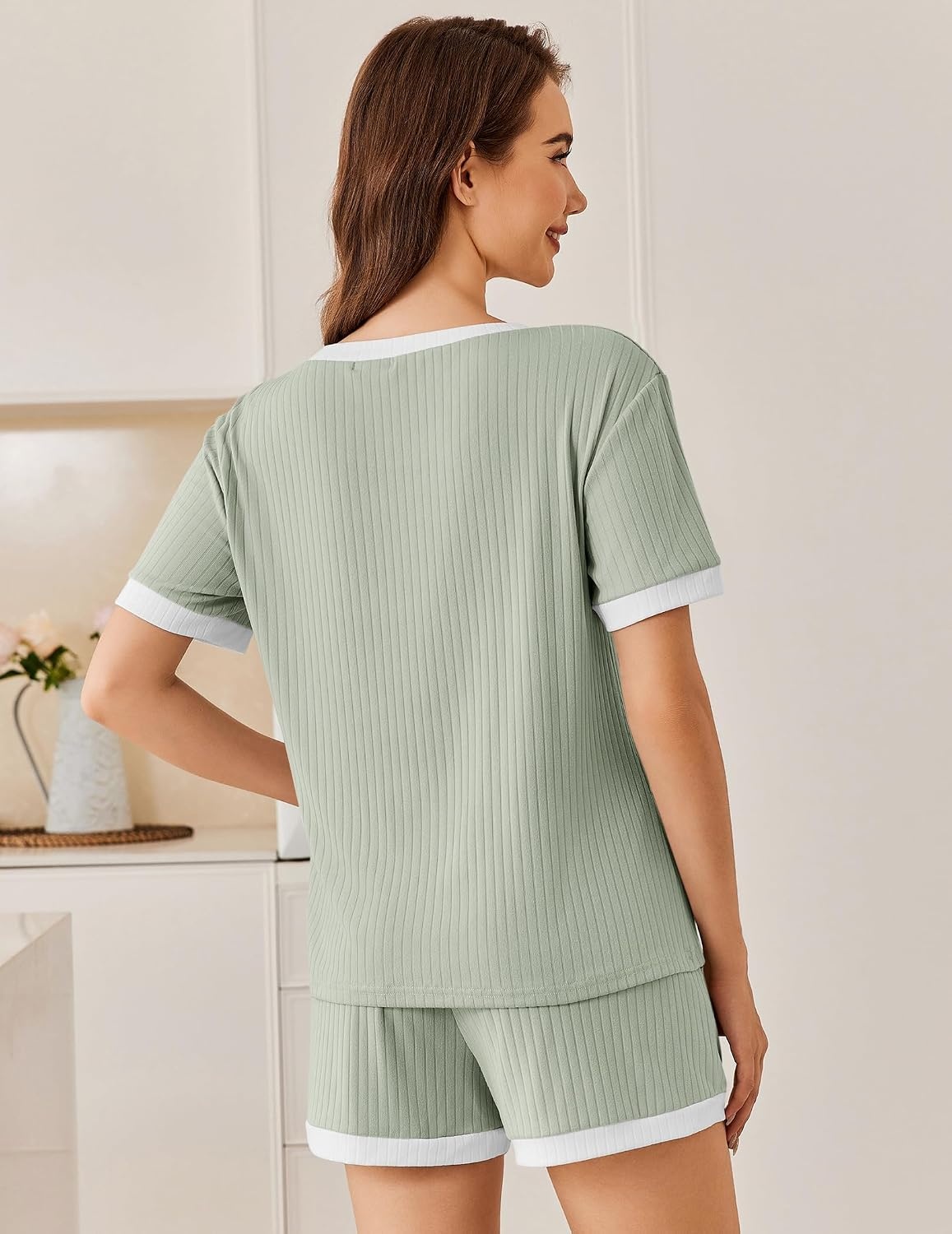 image:imageEkouaer Womens Ribbed Knit Pajama Set Short Sleeve Top Shorts PJs Pajama Sets for Women 2 Piece with Crew Neck Contrast Design Ribbed Knit Sleepwear Side Pockets Drawstring WaistbandMint Green