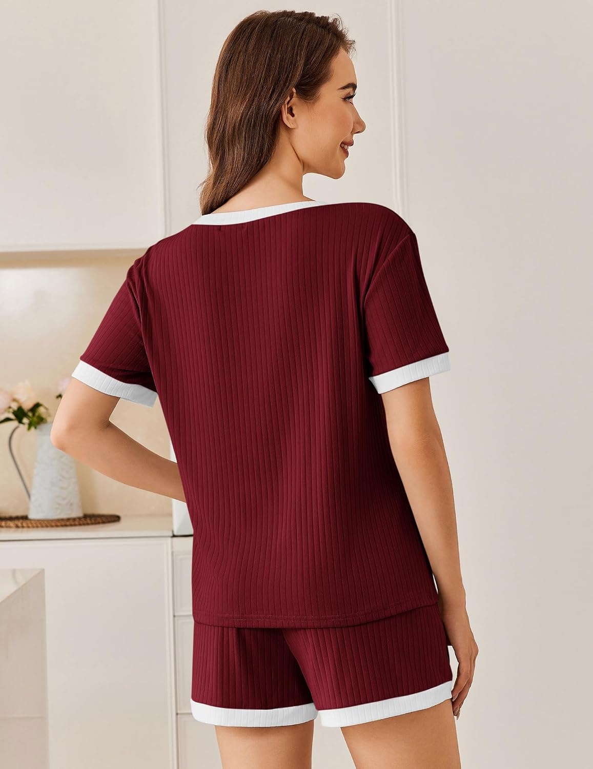 image:imageEkouaer Womens Ribbed Knit Pajama Set Short Sleeve Top Shorts PJs Pajama Sets for Women 2 Piece with Crew Neck Contrast Design Ribbed Knit Sleepwear Side Pockets Drawstring WaistbandBurgundy