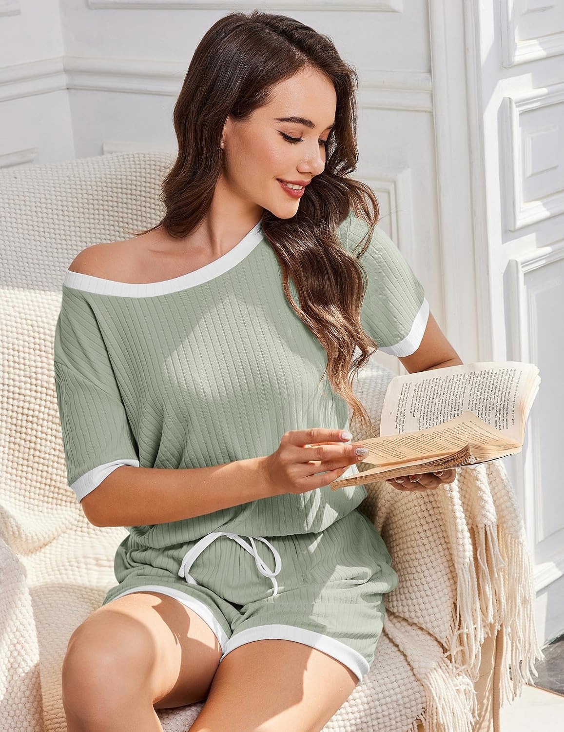 image:imageEkouaer Womens Ribbed Knit Pajama Set Short Sleeve Top Shorts PJs Pajama Sets for Women 2 Piece with Crew Neck Contrast Design Ribbed Knit Sleepwear Side Pockets Drawstring WaistbandMint Green