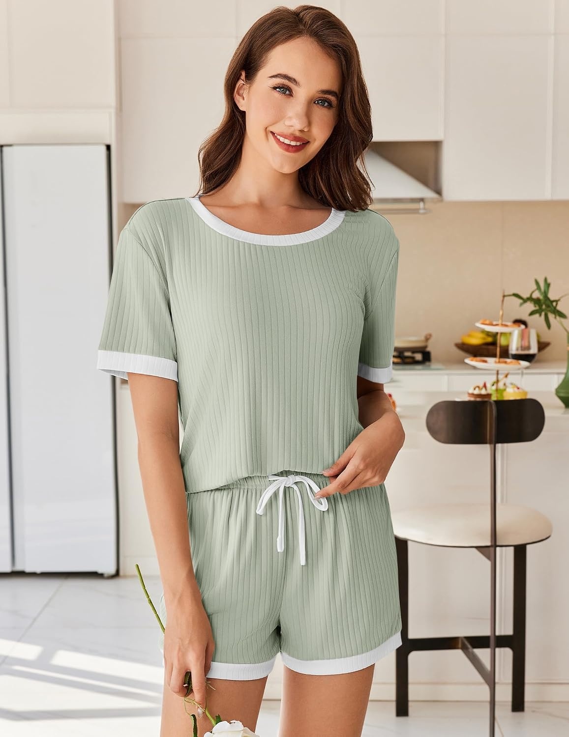 image:imageEkouaer Womens Ribbed Knit Pajama Set Short Sleeve Top Shorts PJs Pajama Sets for Women 2 Piece with Crew Neck Contrast Design Ribbed Knit Sleepwear Side Pockets Drawstring WaistbandMint Green