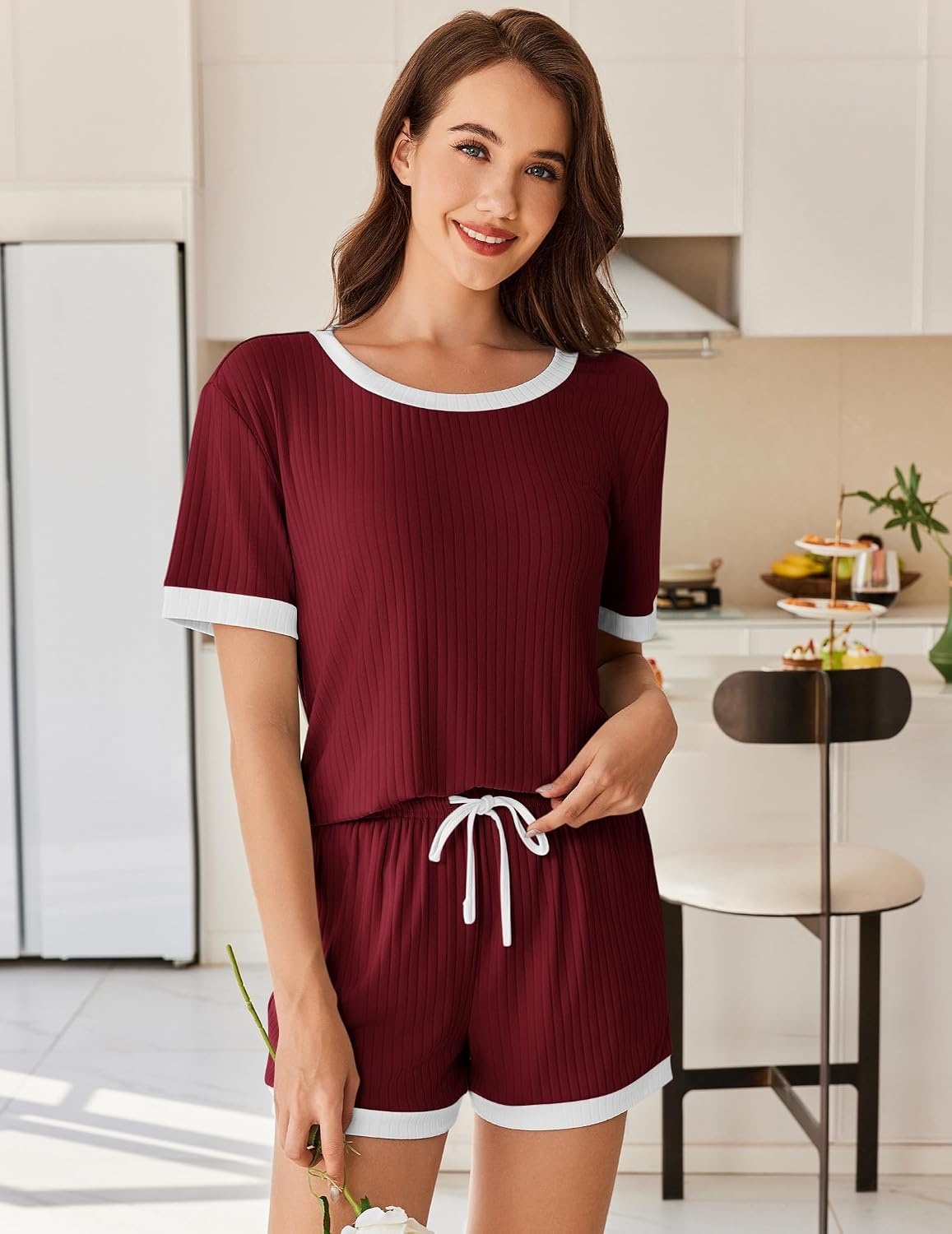 image:imageEkouaer Womens Ribbed Knit Pajama Set Short Sleeve Top Shorts PJs Pajama Sets for Women 2 Piece with Crew Neck Contrast Design Ribbed Knit Sleepwear Side Pockets Drawstring WaistbandBurgundy