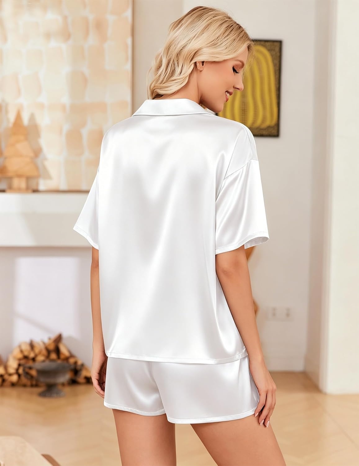 image:imageEkouaer Womens Satin Pajama Set Short Sleeve Sleepwear Button Down Pjs Silky Smooth Satin Soft Top and Shorts Bridal Getting Ready Outfit 2 Piece Loungewear Set for Daily Sleep Wedding PartyWhite