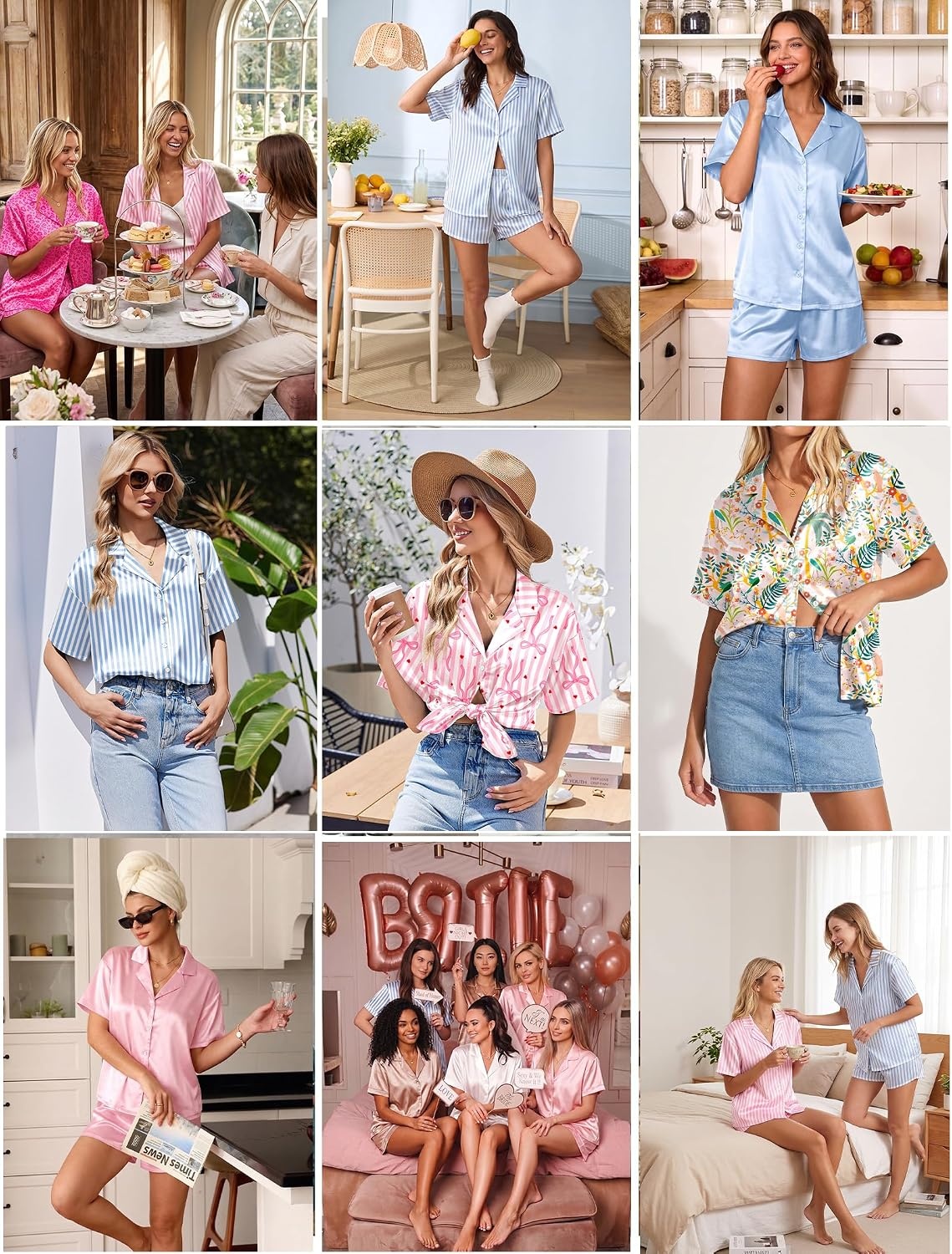 image:imageEkouaer Womens Satin Pajama Set Short Sleeve Sleepwear Button Down Pjs Silky Smooth Satin Soft Top and Shorts Bridal Getting Ready Outfit 2 Piece Loungewear Set for Daily Sleep Wedding PartyBlue WhiteStripes