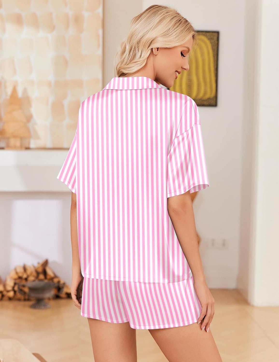 image:imageEkouaer Womens Satin Pajama Set Short Sleeve Sleepwear Button Down Pjs Silky Smooth Satin Soft Top and Shorts Bridal Getting Ready Outfit 2 Piece Loungewear Set for Daily Sleep Wedding PartyPink WhiteStripes