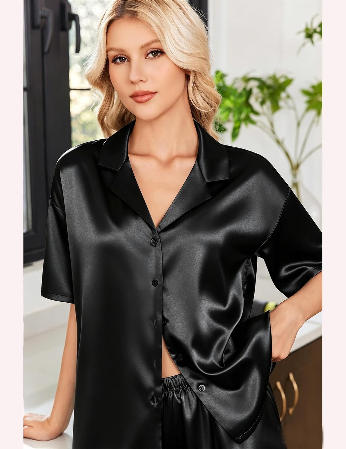 image:imageEkouaer Womens Satin Pajama Set Short Sleeve Sleepwear Button Down Pjs Silky Smooth Satin Soft Top and Shorts Bridal Getting Ready Outfit 2 Piece Loungewear Set for Daily Sleep Wedding PartyBlack