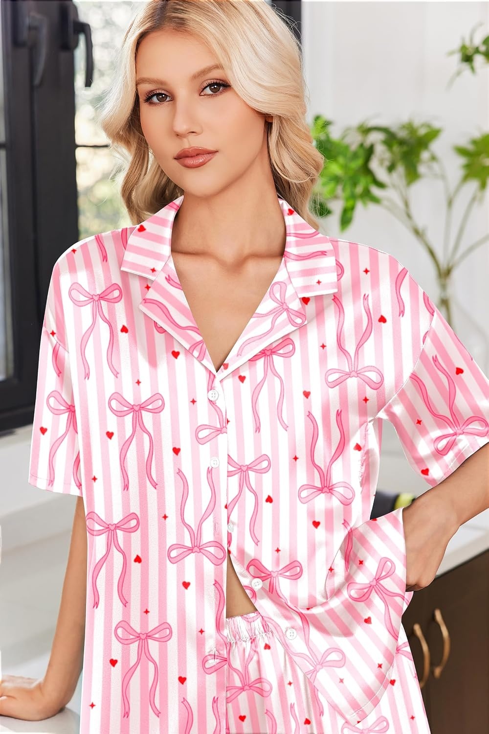 image:imageEkouaer Womens Satin Pajama Set Short Sleeve Sleepwear Button Down Pjs Silky Smooth Satin Soft Top and Shorts Bridal Getting Ready Outfit 2 Piece Loungewear Set for Daily Sleep Wedding PartyBow HeartStripes