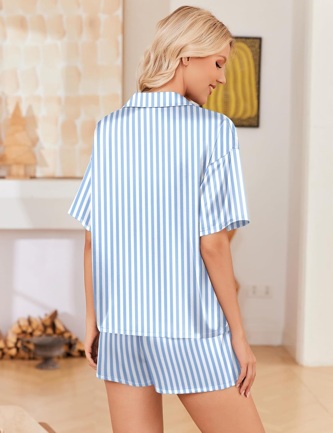image:imageEkouaer Womens Satin Pajama Set Short Sleeve Sleepwear Button Down Pjs Silky Smooth Satin Soft Top and Shorts Bridal Getting Ready Outfit 2 Piece Loungewear Set for Daily Sleep Wedding PartyBlue WhiteStripes