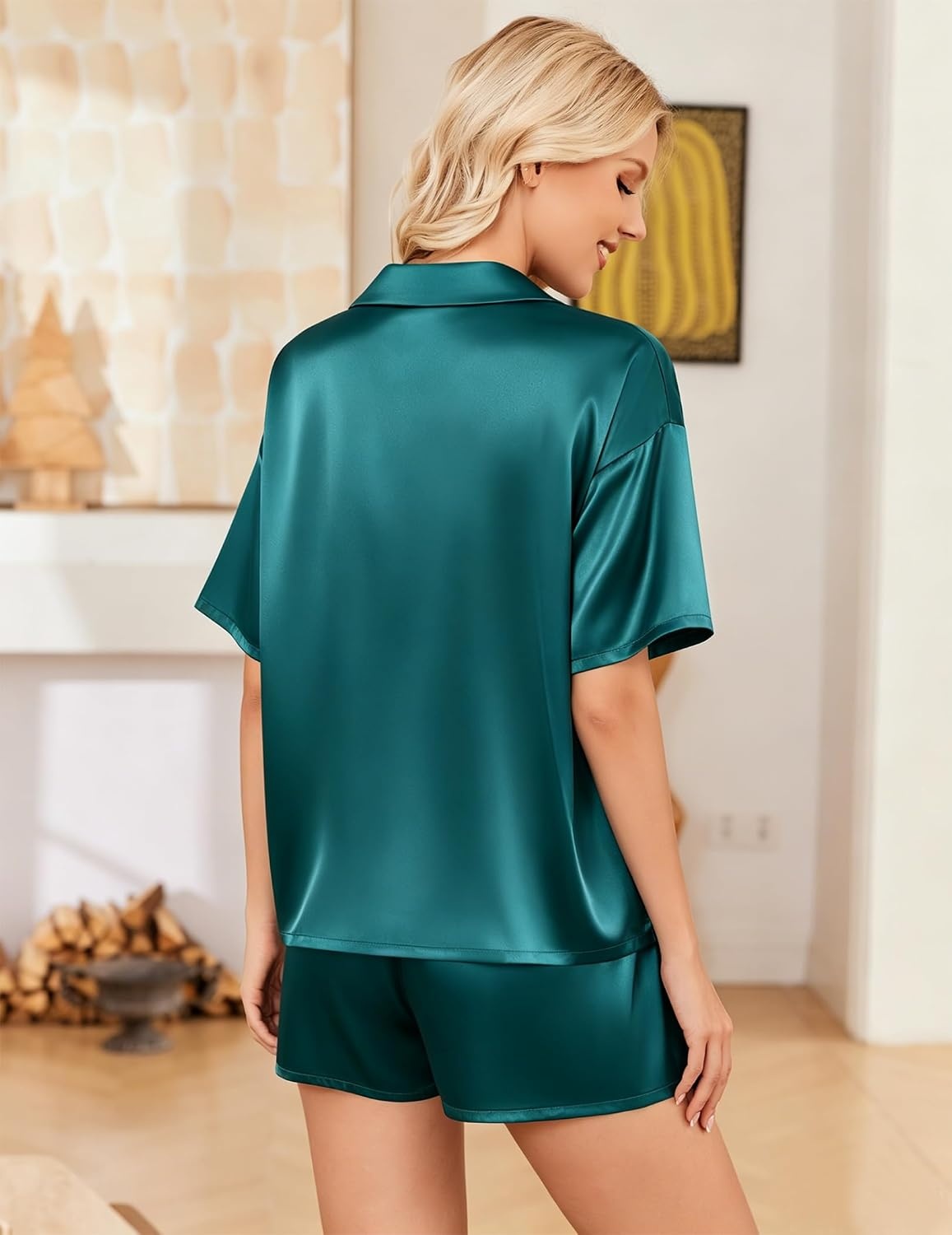 image:imageEkouaer Womens Satin Pajama Set Short Sleeve Sleepwear Button Down Pjs Silky Smooth Satin Soft Top and Shorts Bridal Getting Ready Outfit 2 Piece Loungewear Set for Daily Sleep Wedding PartyBlue Green