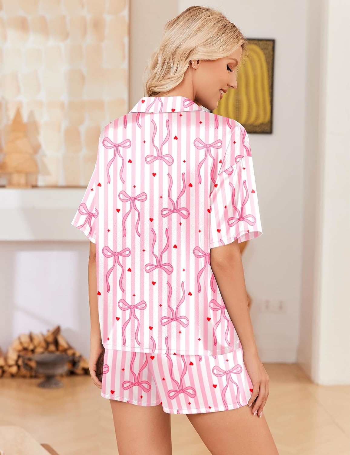 image:imageEkouaer Womens Satin Pajama Set Short Sleeve Sleepwear Button Down Pjs Silky Smooth Satin Soft Top and Shorts Bridal Getting Ready Outfit 2 Piece Loungewear Set for Daily Sleep Wedding PartyBow HeartStripes