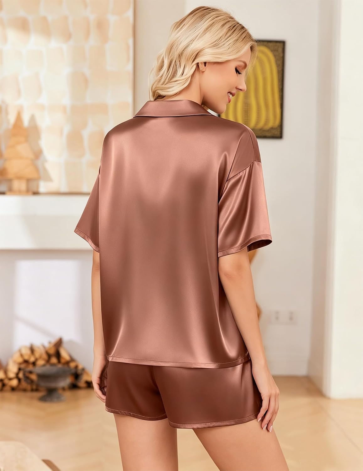 image:imageEkouaer Womens Satin Pajama Set Short Sleeve Sleepwear Button Down Pjs Silky Smooth Satin Soft Top and Shorts Bridal Getting Ready Outfit 2 Piece Loungewear Set for Daily Sleep Wedding PartyTerracotta