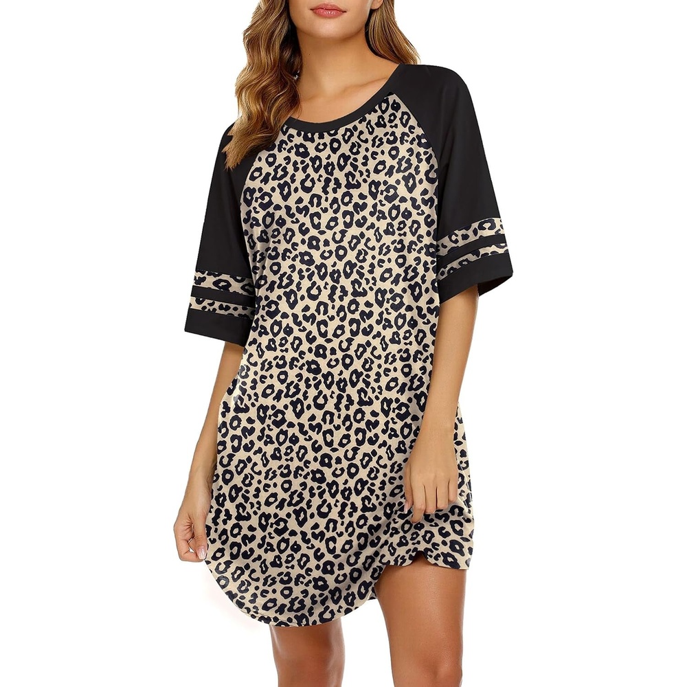 image:imageEkouaer Cotton Nightgowns for Women Color Block Short Sleeve Sleep Shirts  Soft Cotton Crew Neck Short Night Shirts Daily Wear Oversize Sleepwear Comfy and Stylish Sleep Vacation TravelLeopard Brown