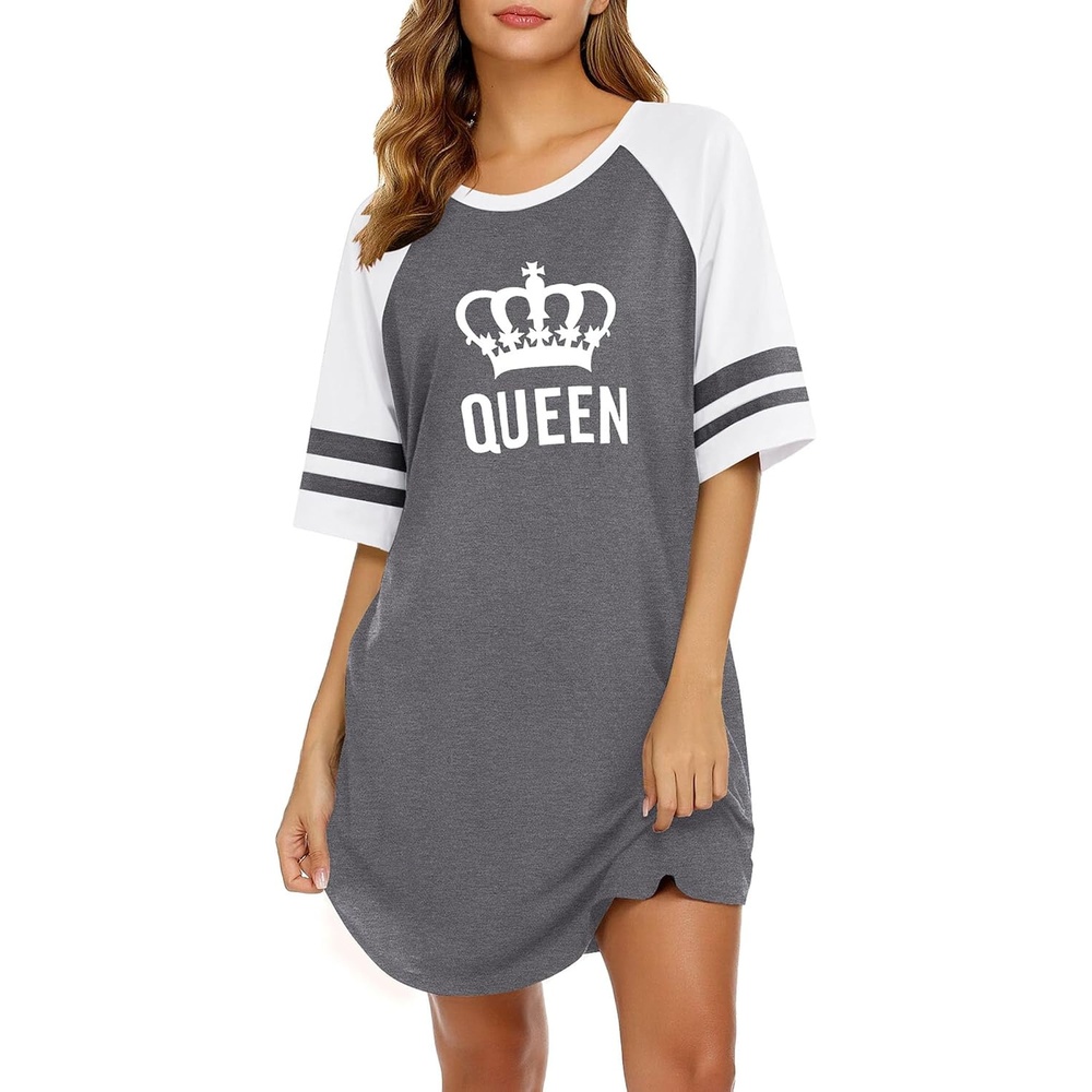 image:imageEkouaer Cotton Nightgowns for Women Color Block Short Sleeve Sleep Shirts  Soft Cotton Crew Neck Short Night Shirts Daily Wear Oversize Sleepwear Comfy and Stylish Sleep Vacation TravelQueen Grey
