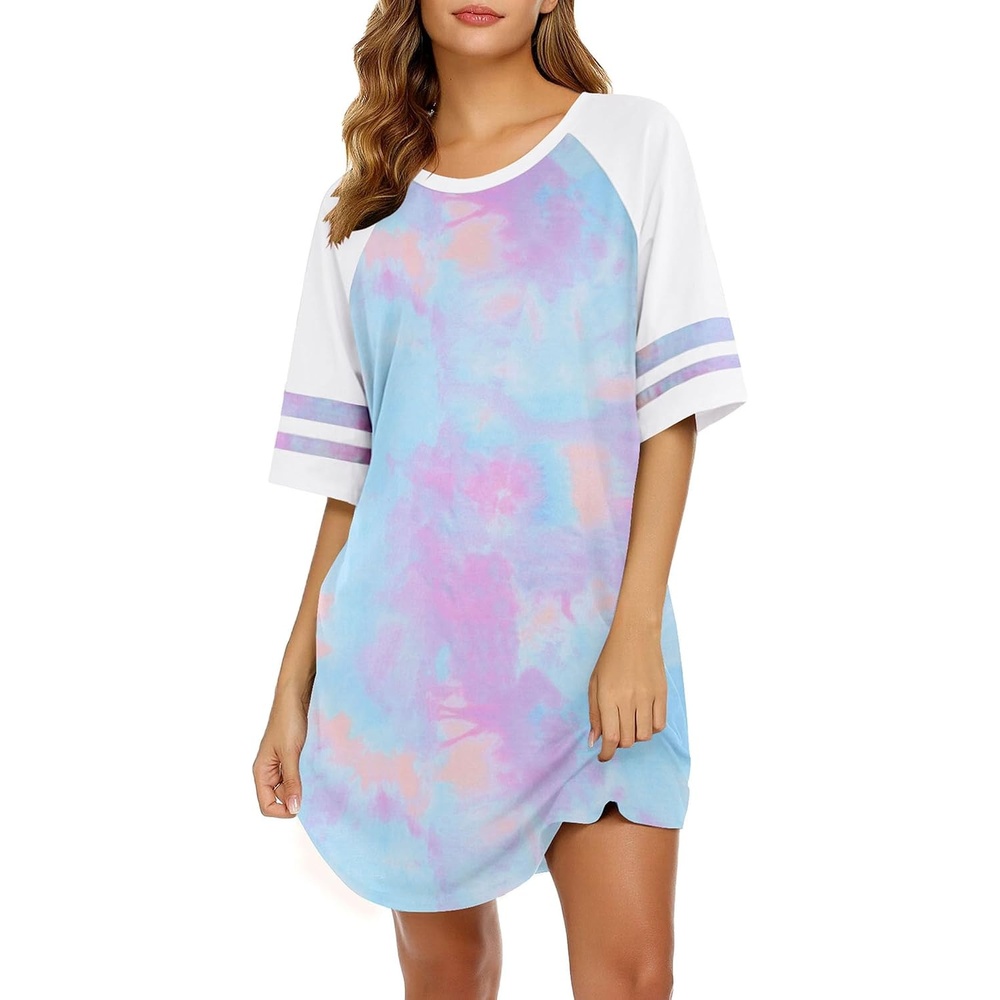 image:imageEkouaer Cotton Nightgowns for Women Color Block Short Sleeve Sleep Shirts  Soft Cotton Crew Neck Short Night Shirts Daily Wear Oversize Sleepwear Comfy and Stylish Sleep Vacation TravelTie Dye