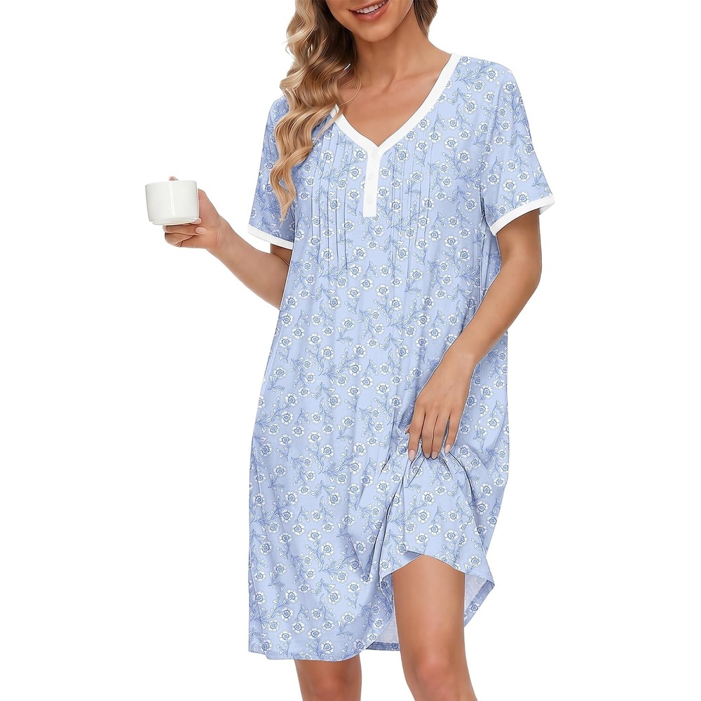 image:imageEkouaer Cotton Nightgowns for Women Short Sleeve Moo Moo Night Gowns Soft Cotton Button Front amp Pleated House Dress V Neck Floral Mumu Dress Plus Size Pajama Dress for Sleeping and LoungingLittle Flowers Blue