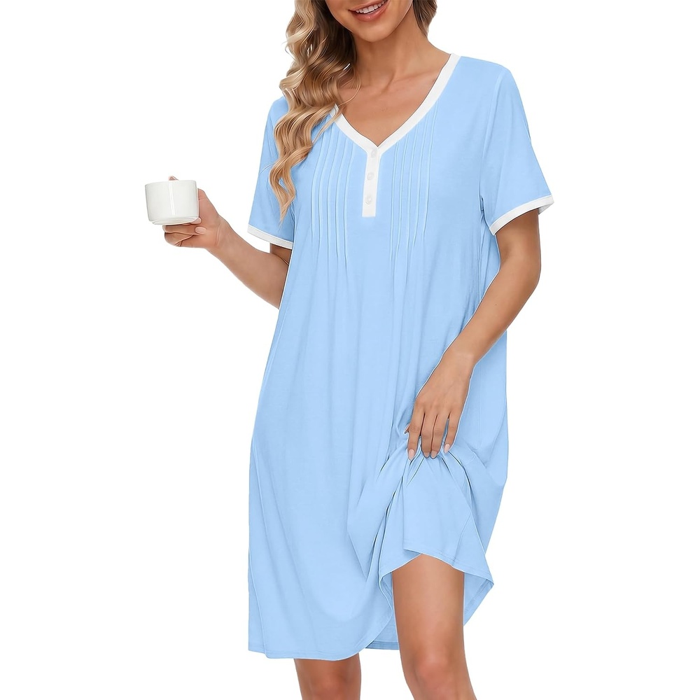 image:imageEkouaer Cotton Nightgowns for Women Short Sleeve Moo Moo Night Gowns Soft Cotton Button Front amp Pleated House Dress V Neck Floral Mumu Dress Plus Size Pajama Dress for Sleeping and LoungingBlue