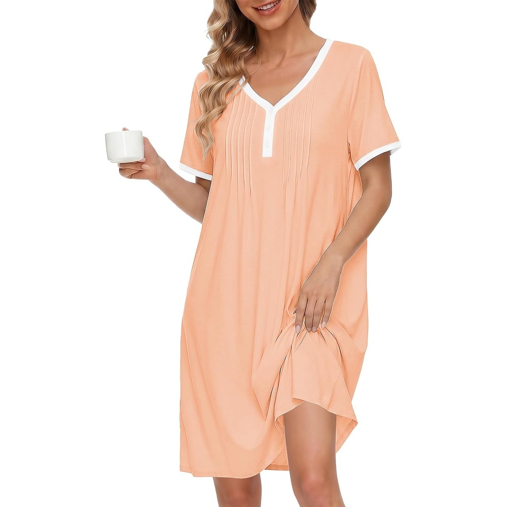 image:imageEkouaer Cotton Nightgowns for Women Short Sleeve Moo Moo Night Gowns Soft Cotton Button Front amp Pleated House Dress V Neck Floral Mumu Dress Plus Size Pajama Dress for Sleeping and LoungingPink