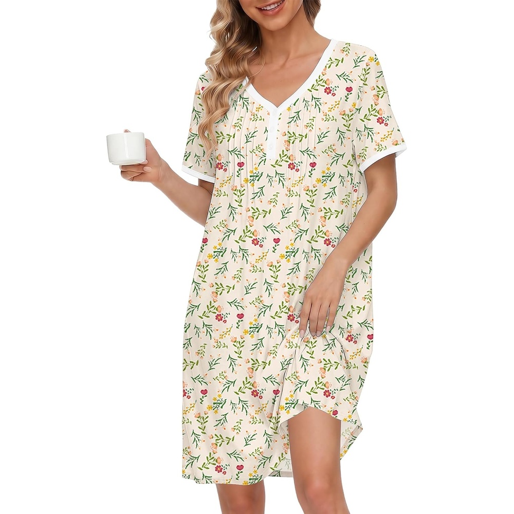 image:imageEkouaer Cotton Nightgowns for Women Short Sleeve Moo Moo Night Gowns Soft Cotton Button Front amp Pleated House Dress V Neck Floral Mumu Dress Plus Size Pajama Dress for Sleeping and LoungingFloral Light Yellow