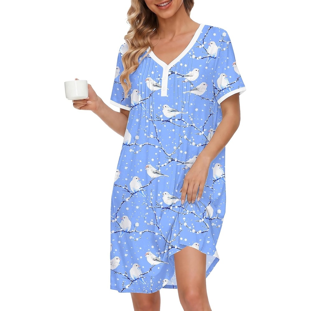 image:imageEkouaer Cotton Nightgowns for Women Short Sleeve Moo Moo Night Gowns  Soft Cotton Button Front amp Pleated House Dress V Neck Floral Mumu Dress Plus Size Pajama Dress for Sleeping and LoungingBirds Blue