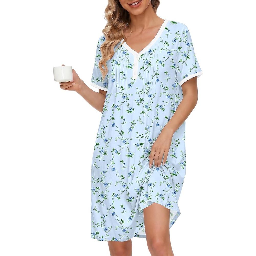 image:imageEkouaer Cotton Nightgowns for Women Short Sleeve Moo Moo Night Gowns Soft Cotton Button Front amp Pleated House Dress V Neck Floral Mumu Dress Plus Size Pajama Dress for Sleeping and LoungingFloral Light Blue