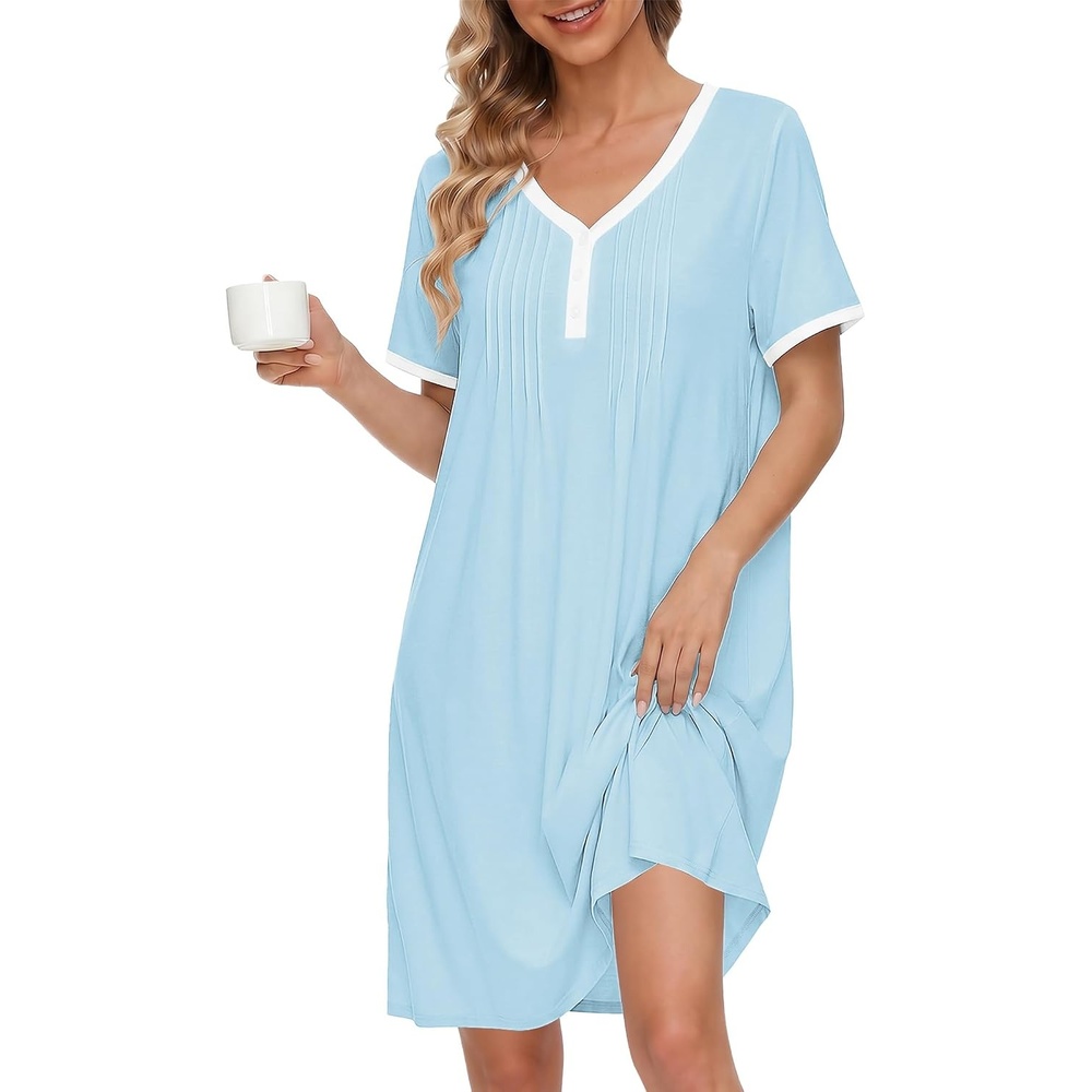 image:imageEkouaer Cotton Nightgowns for Women Short Sleeve Moo Moo Night Gowns Soft Cotton Button Front amp Pleated House Dress V Neck Floral Mumu Dress Plus Size Pajama Dress for Sleeping and LoungingCyan