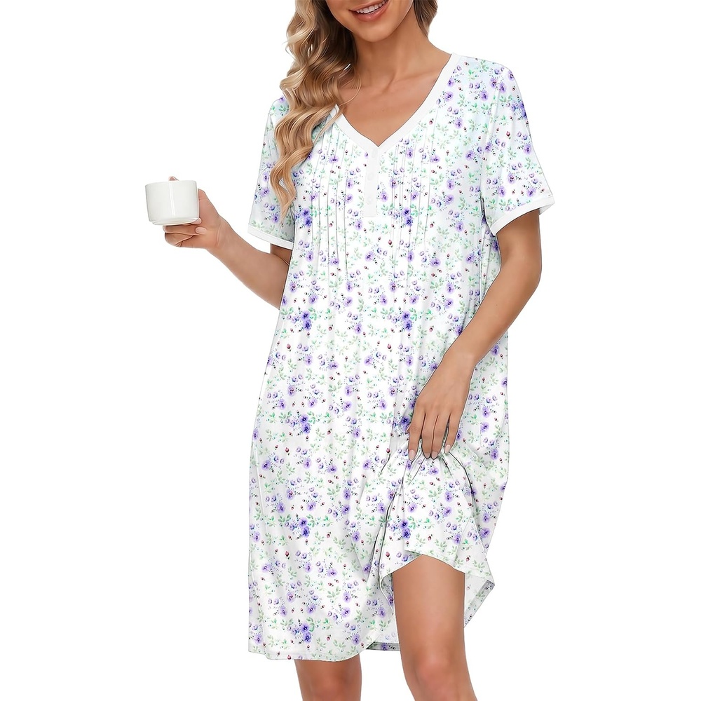 image:imageEkouaer Cotton Nightgowns for Women Short Sleeve Moo Moo Night Gowns Soft Cotton Button Front amp Pleated House Dress V Neck Floral Mumu Dress Plus Size Pajama Dress for Sleeping and LoungingLittle Flowers White