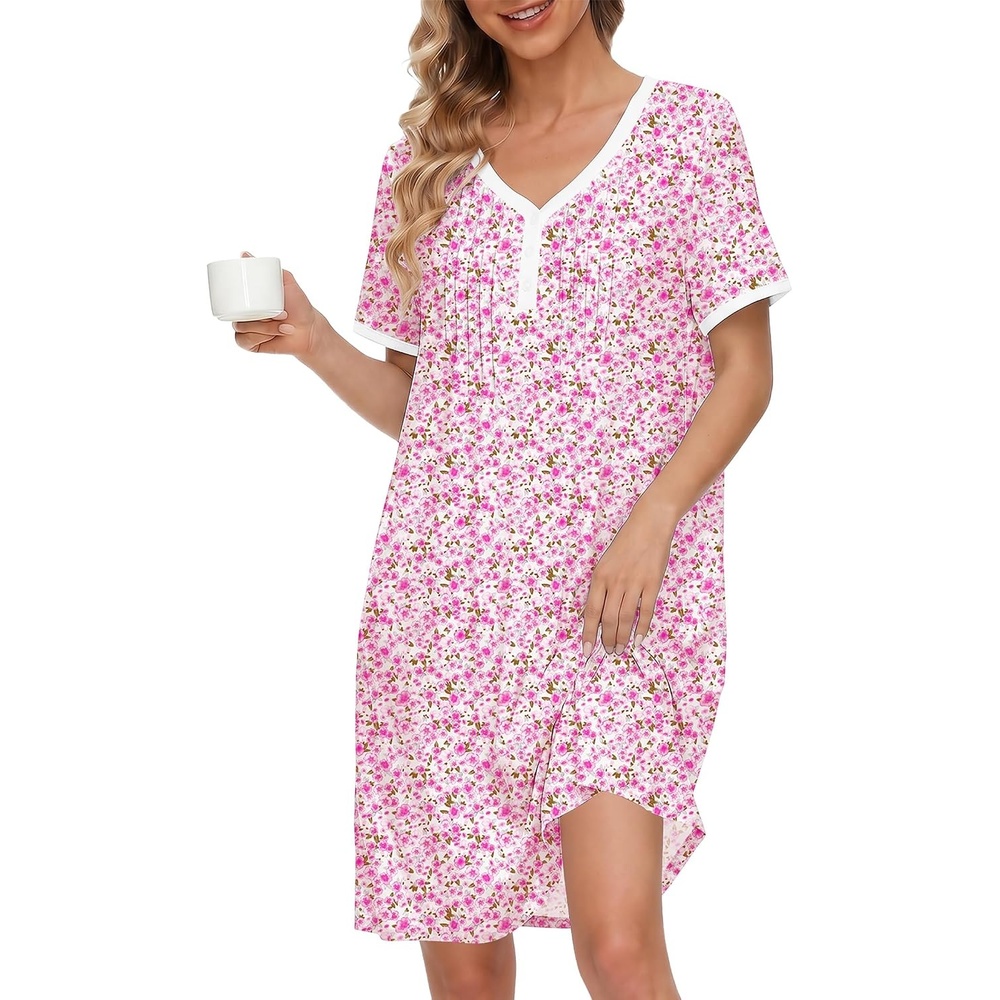 image:imageEkouaer Cotton Nightgowns for Women Short Sleeve Moo Moo Night Gowns Soft Cotton Button Front amp Pleated House Dress V Neck Floral Mumu Dress Plus Size Pajama Dress for Sleeping and LoungingFlowers Pink