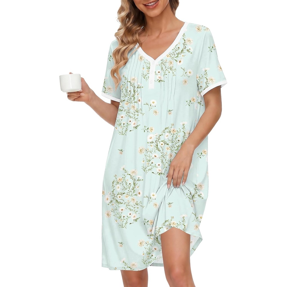 image:imageEkouaer Cotton Nightgowns for Women Short Sleeve Moo Moo Night Gowns Soft Cotton Button Front amp Pleated House Dress V Neck Floral Mumu Dress Plus Size Pajama Dress for Sleeping and LoungingFloral Green