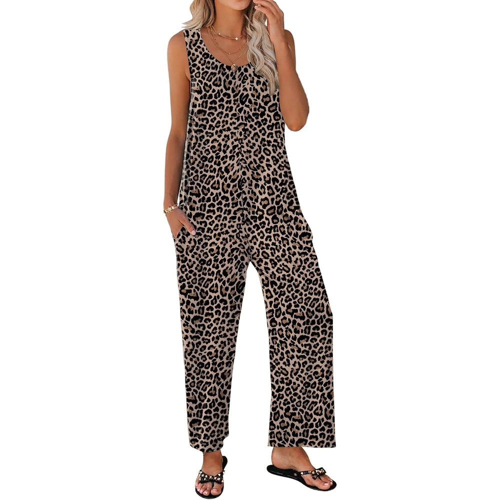 image:imageEkouaer Jumpsuits for Women Casual Summer Sleeveless Rompers Travel Outfits Loose Fit Wide Leg Overalls Printed Baggy Rompers Vacation Cruise Beach Jumpers with PocketsLeopard