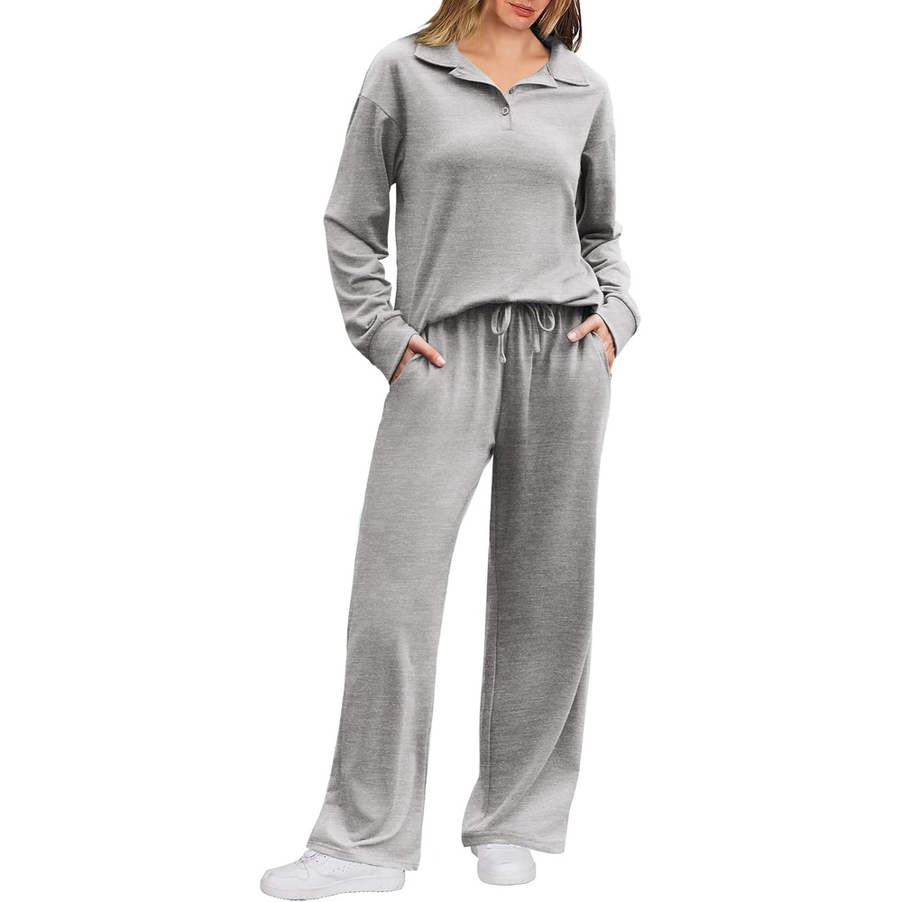image:imageEkouaer Lounge Sets for Women 2 Piece Outfits 2026 Long Sleeve Top with PantsLight Grey