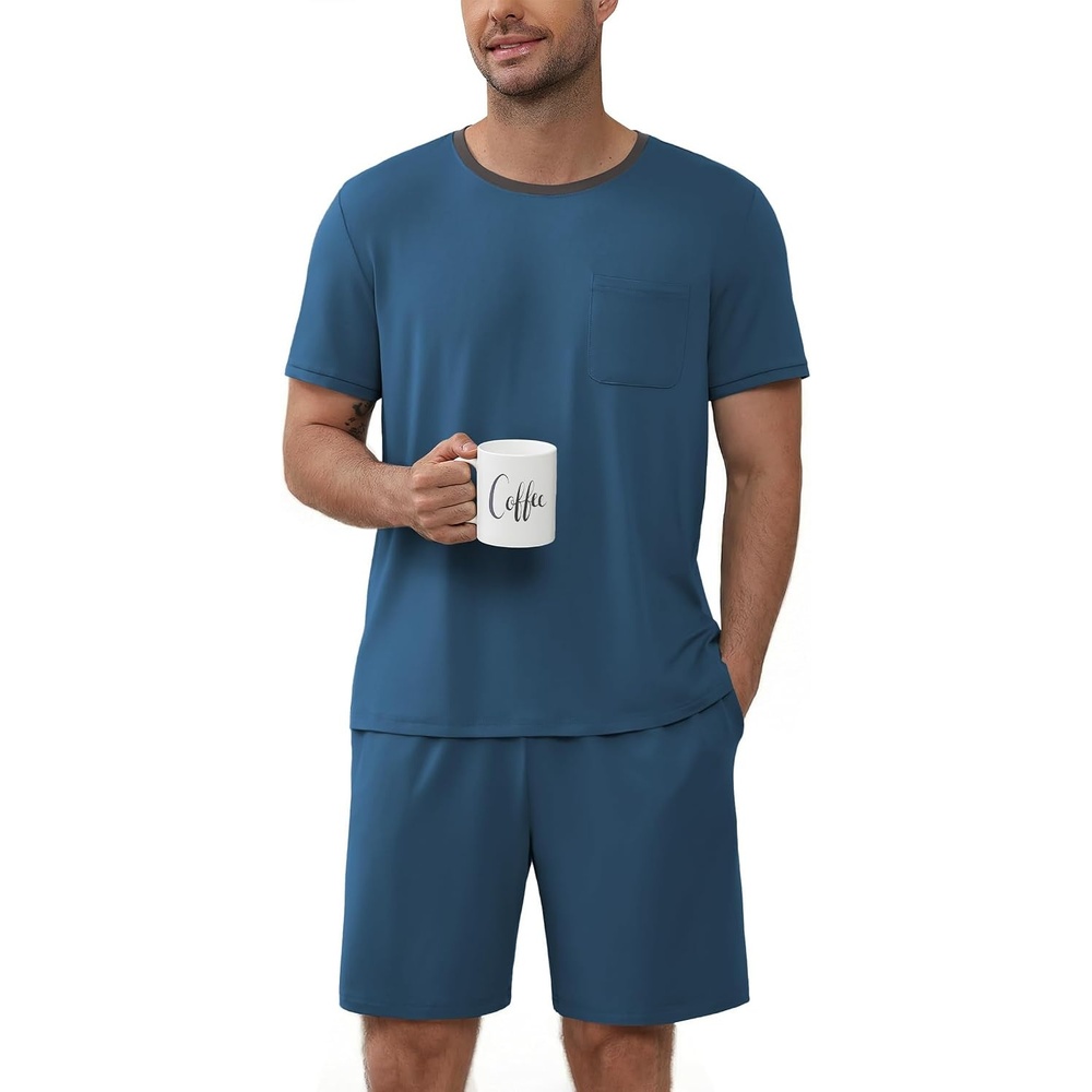 image:imageEkouaer Mens Pajamas Sets Shorts Soft Short Sleeve Pjs Round Neck Summer Sleepwear Soft Casual Sleep Nightwear Lounge Sets Pants with Pockets SXXLDeep Blue