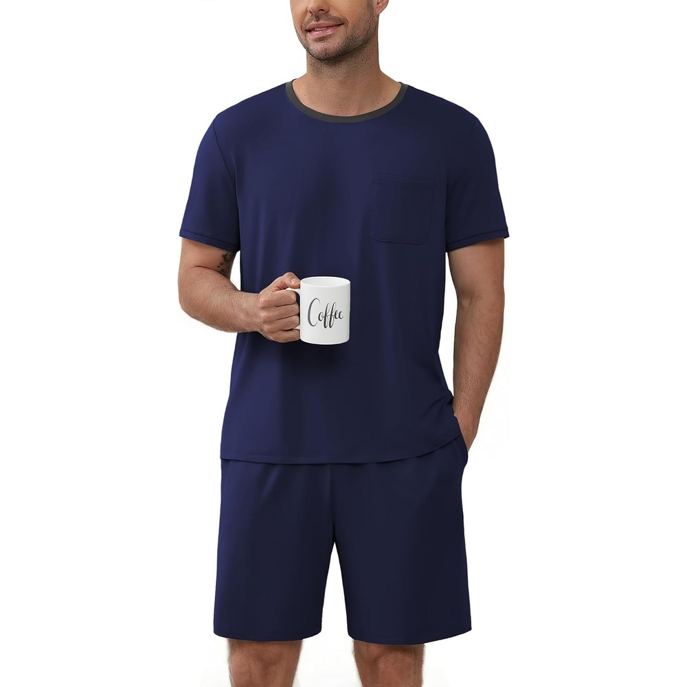 image:imageEkouaer Mens Pajamas Sets Shorts Soft Short Sleeve Pjs Round Neck Summer Sleepwear Soft Casual Sleep Nightwear Lounge Sets Pants with Pockets SXXLNavy Blue
