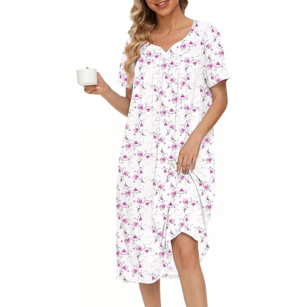 image:imageEkouaer Moo Moos for Women Cotton House Dress With Pockets Soft Nightgowns  Cotton Short Sleeve Mumu Dresses Embroidered Lounge Dress Floral Sleepwear V Neck Loungewear Mothers Gifts Daily HomeWhite Floral