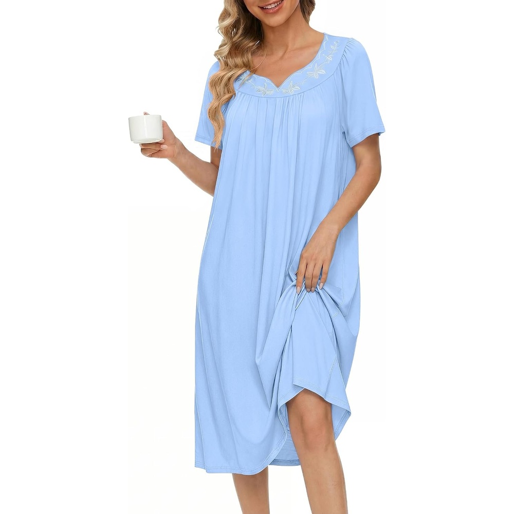 image:imageEkouaer Moo Moos for Women Cotton House Dress With Pockets Soft Nightgowns  Cotton Short Sleeve Mumu Dresses Embroidered Lounge Dress Floral Sleepwear V Neck Loungewear Mothers Gifts Daily HomeBlue