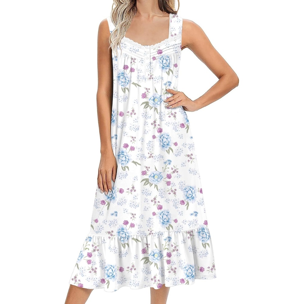 image:imageEkouaer Nightgowns for Women Long Sleeveless Night Gown Button Sleepshirt Victorian NightdressButton SleepshirtSummer Sleep DressSoft Sleepwear Suitable for SleepLoungeDaily WearBlue Flower